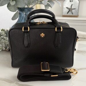 Tory Burch Black Pebbled Leather Crossbody Satchel with Gold Hardware